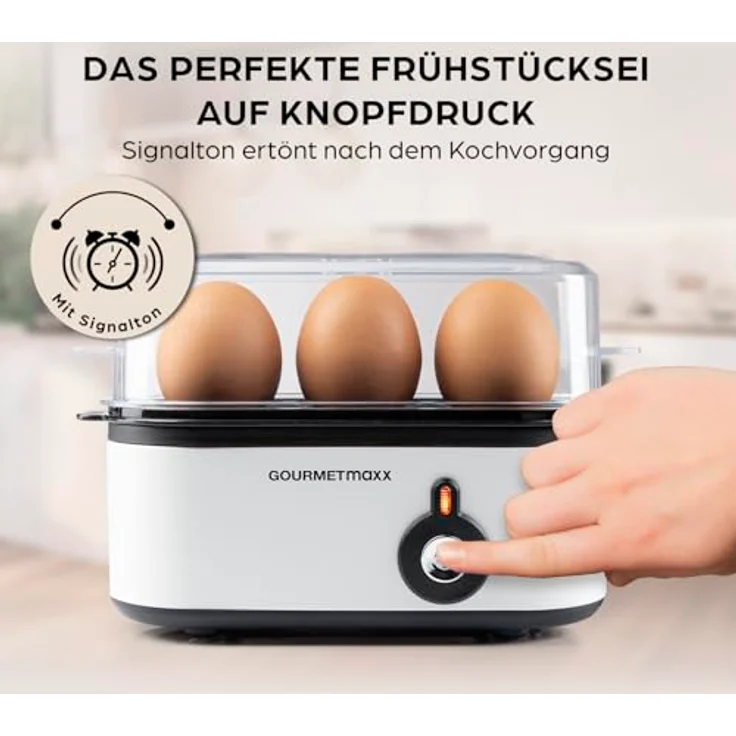 GOURMETmaxx Eierkocher für 3 Eier, kompakter Egg Boiler mit Eierstecher und 3 Härtegraden, spülmaschinenfeste Teile, ideal für Zuhause & unterwegs, Weiß – Bild 2