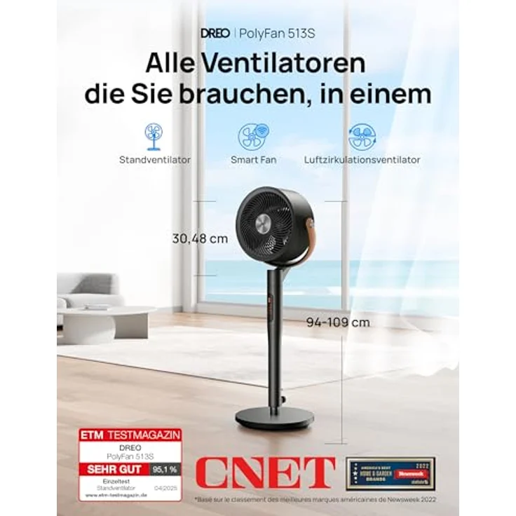 Dreo PolyFan 513S, 25dB leiser Smart Standventilator mit 120°+105° Oszillation, 6 Modi, 8 Geschwindigkeiten und Fernbedienung, 30M Winddistanz, Turbo-Luftzirkulator – Bild 2