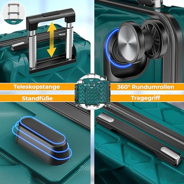 KESSER® Reisekoffer Set 4-teilig, ABS Hartschalenkoffer mit Zahlenschloss, 360° Rollen, Kofferwaage & Reisebrieftasche, Handgepäck & große Koffer, Petrol – Bild 5