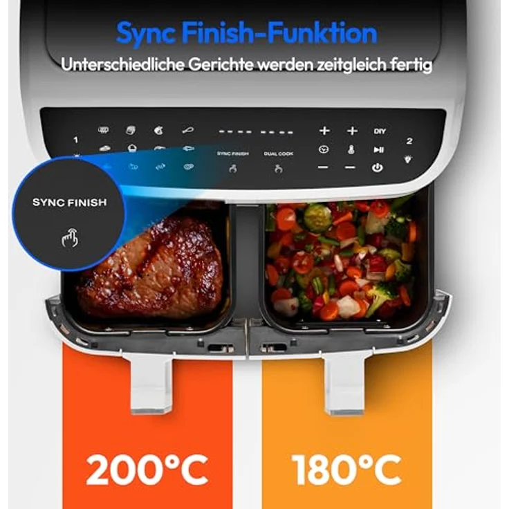 MEDION P20 XXL Heißluftfritteuse, 2 Kammern, 8,7 Liter, 2.600W, 9 Automatikprogramme, Dual Cook & Sync-Finish, Sichtfenster, matt – Bild 4