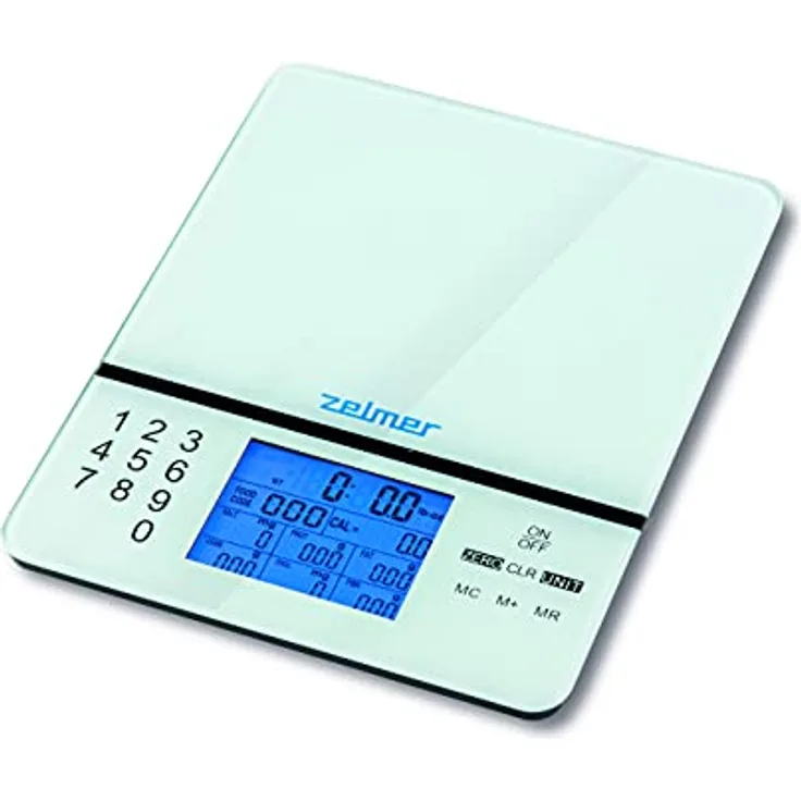 Zelmer ZKS1500N Diät-Küchenwaage, 999 Produkttypen codiert, hintergrundbeleuchtetes LCD-Display, Tara-Funktion, Weiß.