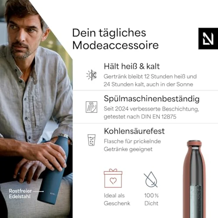 LARS NYSØM Edelstahl Trinkflasche Ren, 1000ml, auslaufsicher, kohlensäuregeeignet, doppelwandige Vakuumisolierung, Brick Red – Bild 2