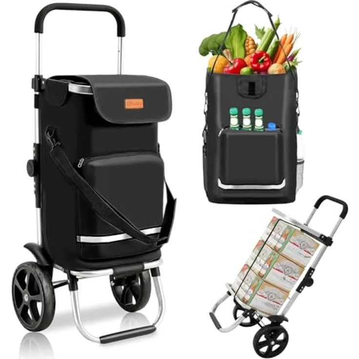 Sekey Faltbarer Einkaufstrolley 60L, 3-in-1 Einkaufswagen mit Kühlfach und höhenverstellbarem Griff, Aluminium, Schwarz