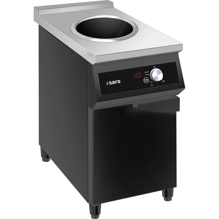 SARO Wok-Induktionsherd Modell THEO, Ø 28 cm, schwarz sprühlackiertes Edelstahlgehäuse, Glaskeramik-Kochplatte, LED-Anzeige, komfortable Knopf- und Touch-Bedienung