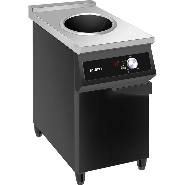 SARO Wok-Induktionsherd Modell THEO, Ø 28 cm, schwarz sprühlackiertes Edelstahlgehäuse, Glaskeramik-Kochplatte, LED-Anzeige, komfortable Knopf- und Touch-Bedienung