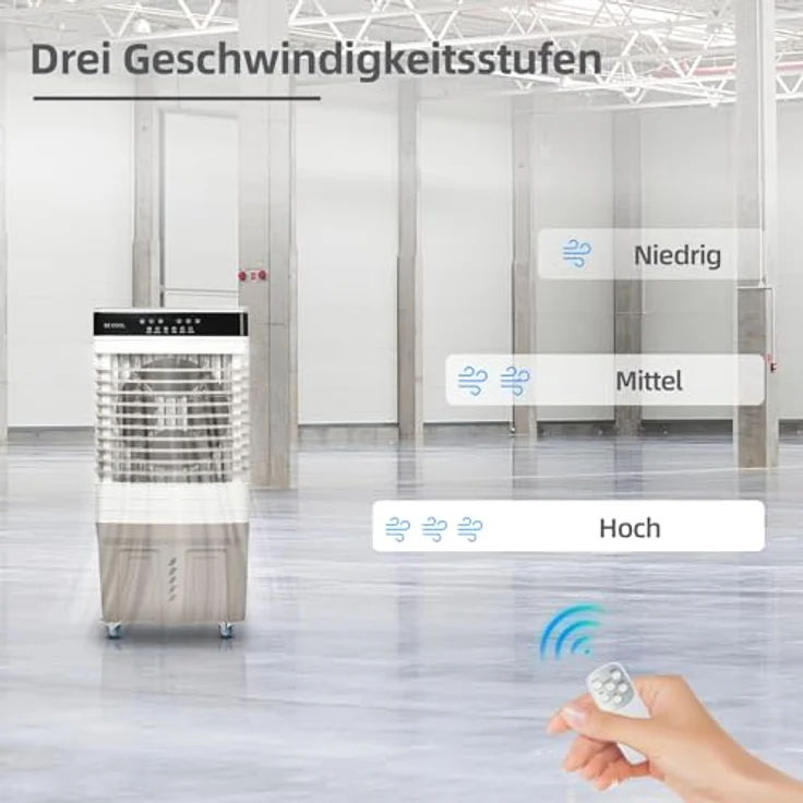 be cool Ventilatorkombigerät Mobiler Luftkühler 60 Liter, Wasserkühlung, 60L Wassertank, leistungsstark mit 150 Watt, für Räume bis zu 60m², mit 120° Schwenkfunktion, Touch-Bedienfeld und Fernbedienung, in Schwarz – Bild 3
