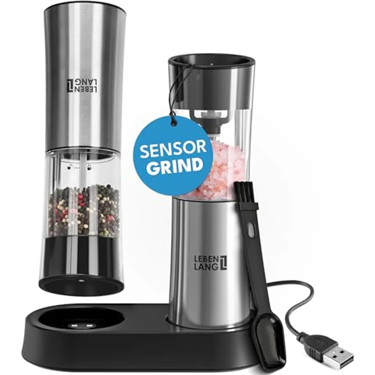 Lebenlang Elektrisches Salz-/Pfeffermühle Set, 2er Set mit Kipp-Sensor, Keramik-Mahlwerk und USB-Akku, gebürsteter Edelstahl – Bild 1