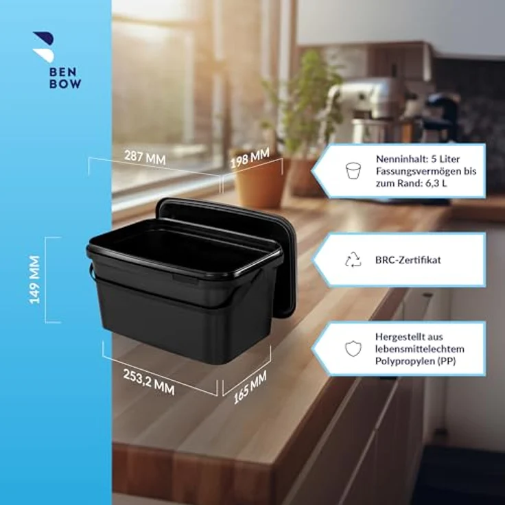 BenBow Rechteckiger Eimer mit Deckel 5L, Schwarz BSR- Luftdicht Lebensmittelecht BRC- – Bild 2