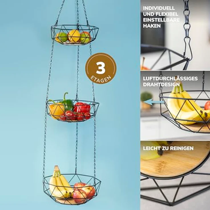 eluno Obstkorb, Hängeampel mit 3 Etagen, schwarzes Metall & Bambus, platzsparend & flexibel, Ø ca. 25/28/31 x 126 cm – Bild 5