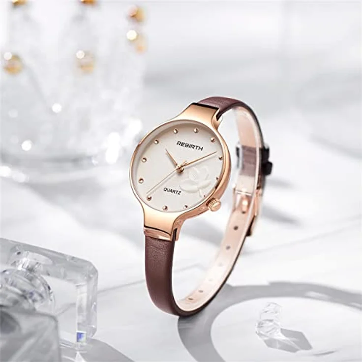 JewelryWe Damen Analog Quarz Uhr, 30m wasserdicht mit braunem Echtlederarmband und Blumenmotiv – Bild 4