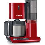 Bosch Filterkaffeemaschine Styline TKA8A054, Edelstahl-Thermokanne 1,1 L, für 8-12 Tassen, abnehmbarer Wassertank, Tropfstopp, schwenkbarer Filterträger, Kabelstaufach, 1100 W, rot