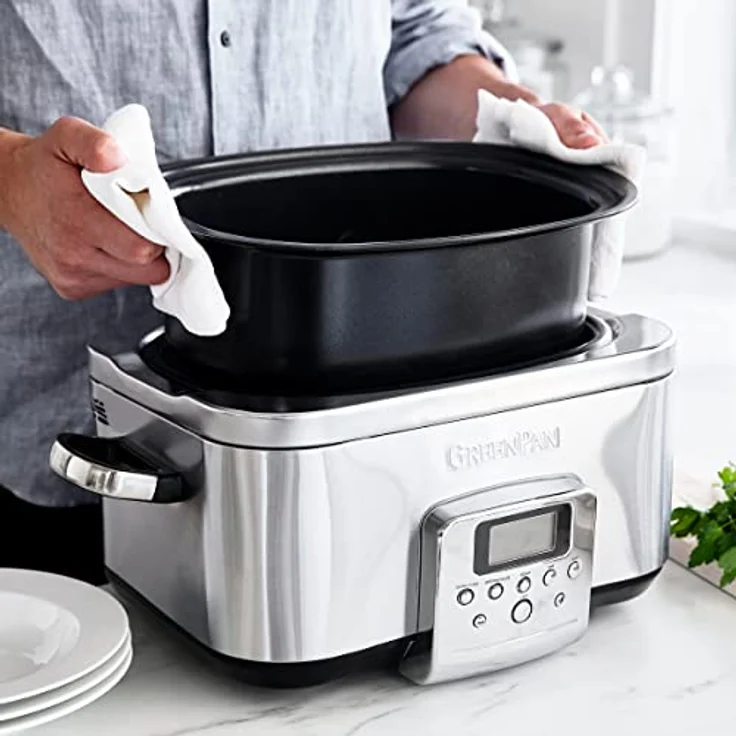 GreenPan Elite 8-in-1 programmierbarer 6L Slow Cooker Multikocher, spülmaschinenfester Deckel & Topf, gesunde keramische Antihaftbeschichtung zum Braten, Schmoren, mit Dampfgareinsatz, Edelstahl – Bild 5
