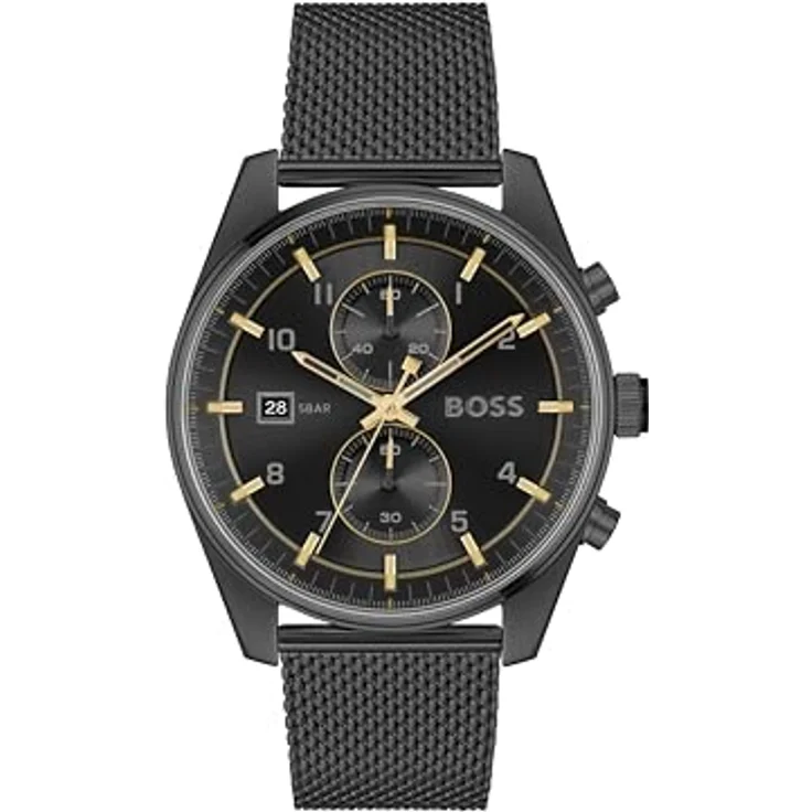 BOSS Chronograph Quarz Uhr SKYTRAVELLER, Edelstahlarmband mit schwarzem Zifferblatt und Datumsfunktion, 44 mm – Bild 1