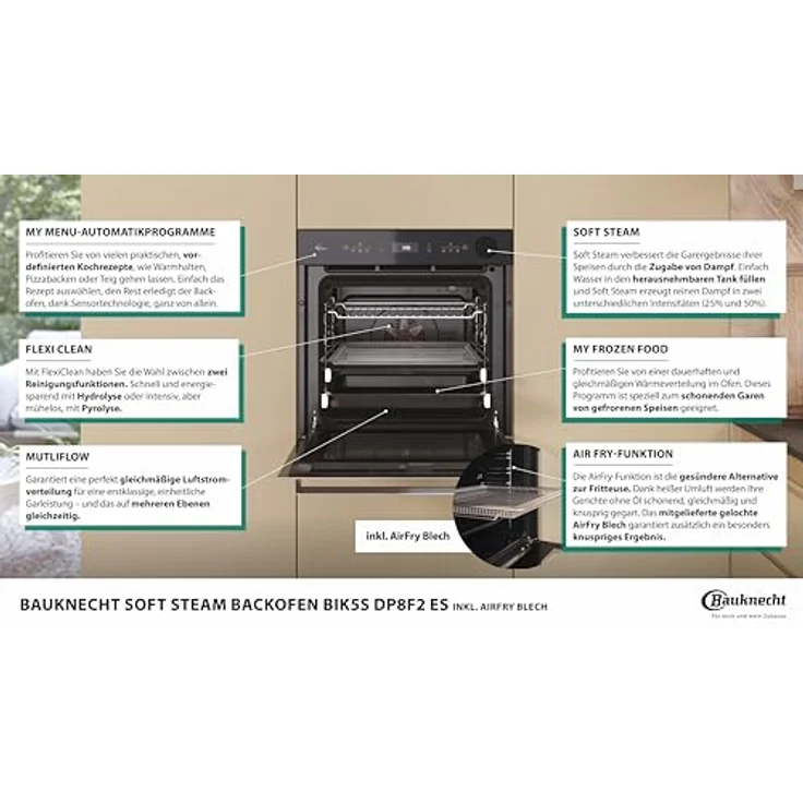 BAUKNECHT Einbaubackofen BIK5S DP8F2 ES, 2-fach Teleskopauszug, Pyrolyse & Hydrolyse, AirFry-Funktion, schwarz – Bild 5