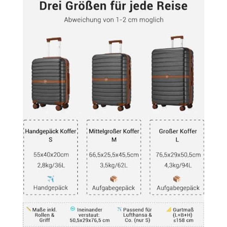 KONO Koffer Set 3-teilig, Hartschalenkoffer aus ABS+PC, leicht, grau/braun, 360° drehbare Doppelrollen, integriertes Zahlenschloss – Bild 2