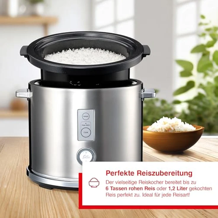 Solis Rice Cooker Multi – Reiskocher mit Dampfgarfunktion, Warmhalte- & Aufwärmfunktion – 6 Tassen Kapazität, PFAS-freie Antihaftbeschichtung, Edelstahlgehäuse, Glasdeckel, 650W – Bild 4