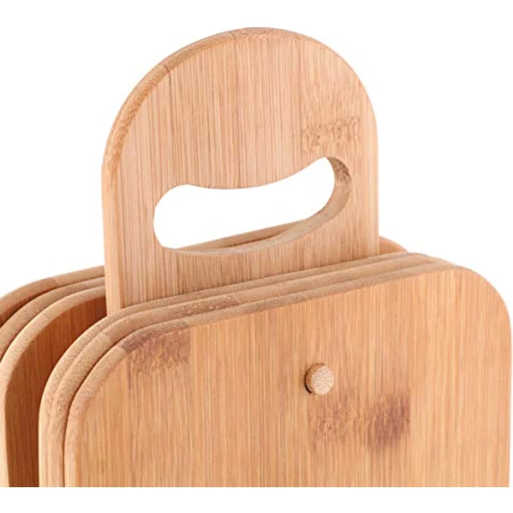 Axentia Schneidebrett-Set 7 teilig - 6 Brettchen aus Bambus-Holz - Brettchenständer mit Frühstücksbrettchen - Holzbrett hohe Schnittfestigkeit & schonend für Messerklinge - Brett für Küche – Bild 6