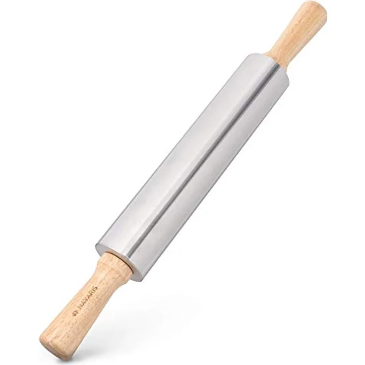 Navaris Nudelholz aus Edelstahl mit Holzgriffen - Teigroller mit Metallachse - zum Backen Ausrollen