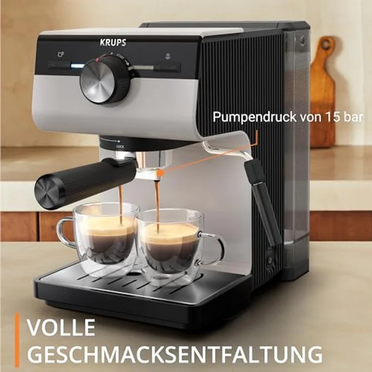 Krups XP381B Authentic Espressomaschine Siebträger, Kaffeemaschine in Fair Grey, 15 bar Pumpendruck, Milch-Aufschäumdüse, 2 L Wassertank – Bild 3