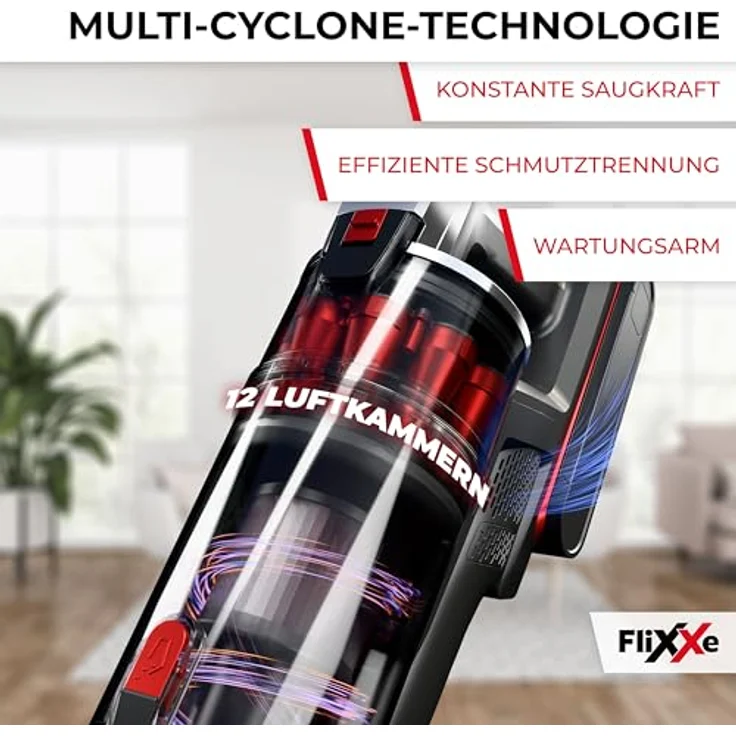 Flixxe T12 Akku-Sauger mit 12 Kammern-Zyklonen-Technologie, echte 29 kPa Saugleistung, 60 Min Laufzeit, X-SCAN-Technologie, LED-Lichtbürste – Leicht 3 kg, wechselbarer Akku, Beutellos, HEPA-Filter – Bild 4