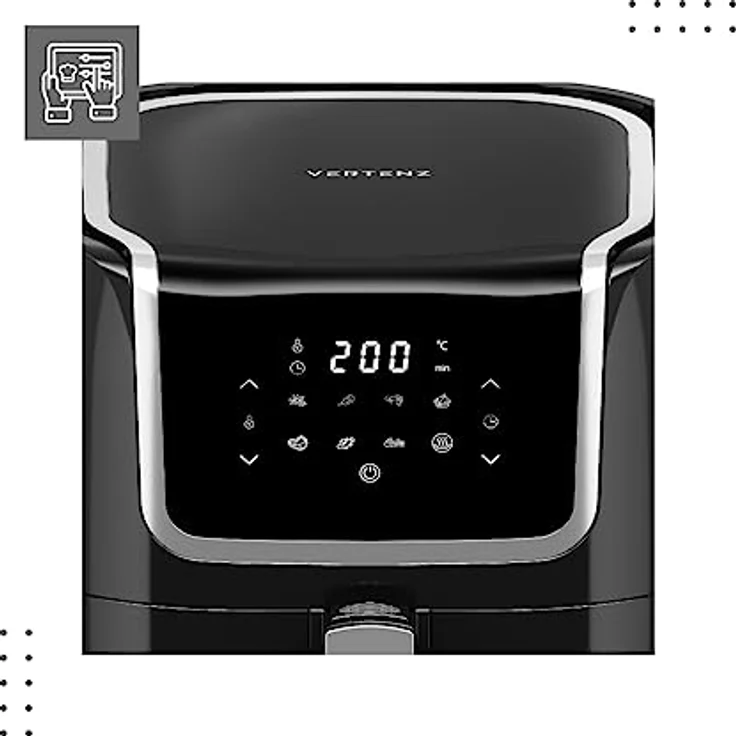 VERTENZ Taste 70 | Kompakte Heißluftfritteuse Airfryer XXL 7.7 Liter Fassungsvermögen | 8 Automatische Menüs | 1800 W | LED-Touchscreen | Antihaft-Frittierkorb | Fettfrei Ohne Öl | 200°C | Schwarz – Bild 5
