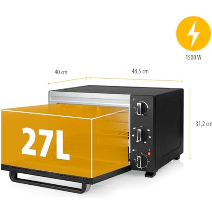Tristar OV-3627, Minibackofen 27 l, 1500 W, schwarz, mit Konvektionsfunktion und Zubehör – Bild 2