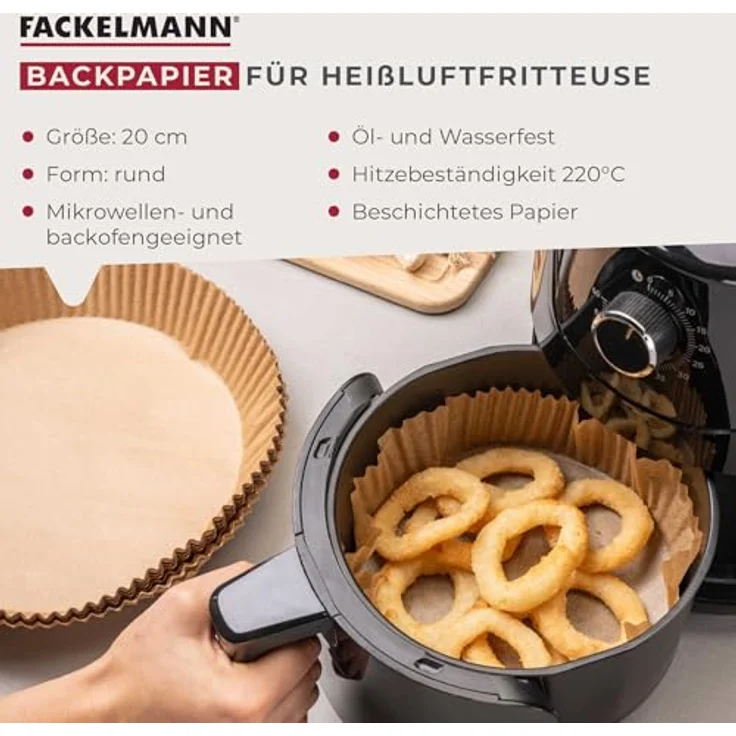 Fackelmann Backpapier für Heißluftfritteuse, 20 x 20 cm rund, 40-teilig, öl- und wasserfest, hitzebeständig bis 220 °C, mikrowellen- und backofengeeignet – Bild 3