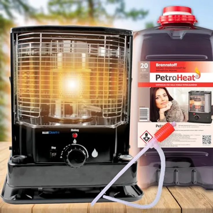 Bluecraft Petroleumofen Heizung ZT-85 inklusive Handpumpe und Petroleum 20 L Kanister | Mobil ohne Strom | 2800 Watt Leistung | Dochtofen | Camping-Heizung | Notheizung | Blue