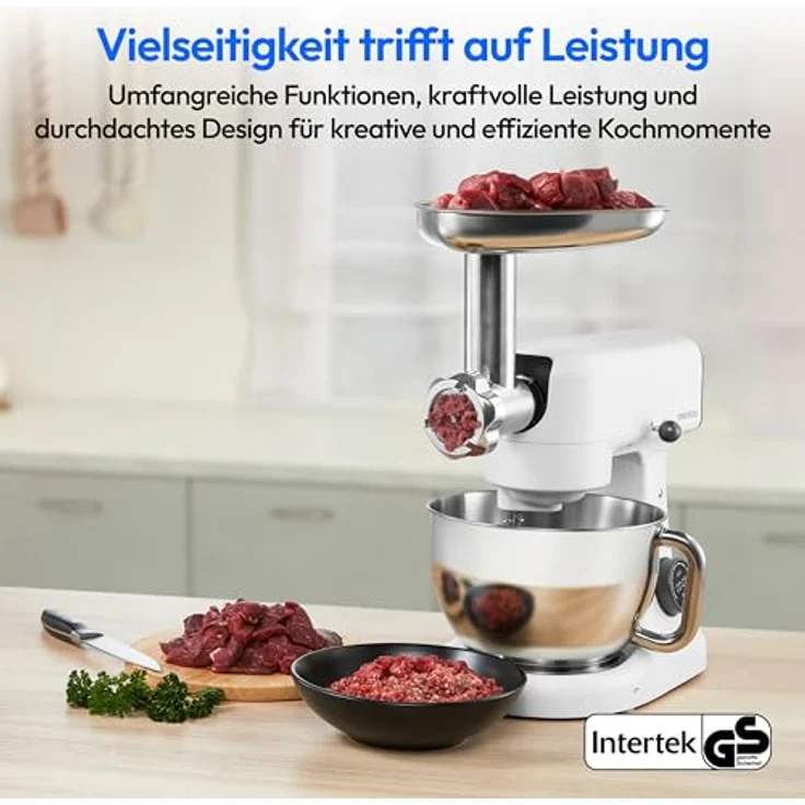 MEDION Küchenmaschine mit Fleischwolf (800 Watt, Gleichstrommotor, 4,6 Liter Edelstahlschüssel, Energiesparend, Ultraleise, Digitales Sensor-Touch-Display, MD12600) Weiß – Bild 2