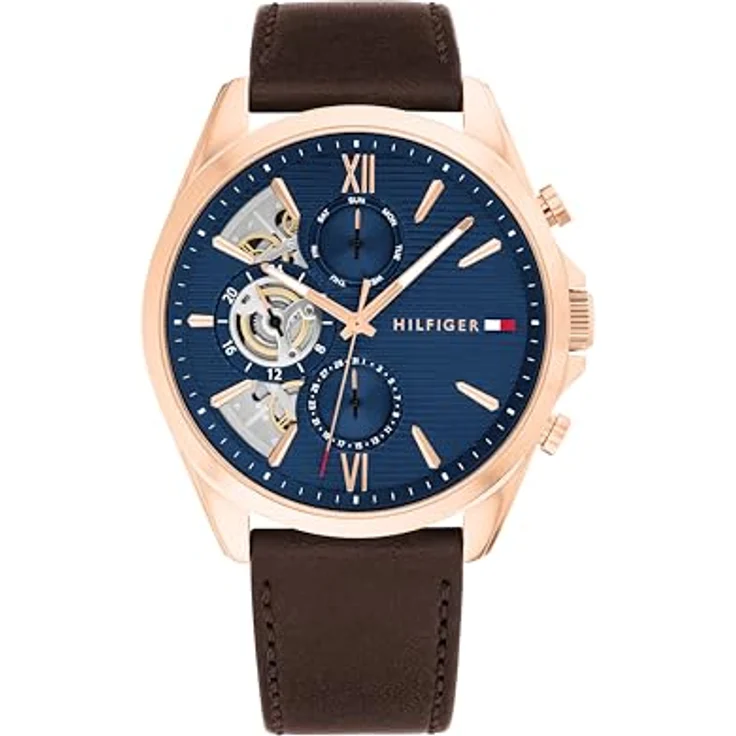 Tommy Hilfiger Multi Zifferblatt Quarz Uhr für Herren mit Braunes Lederarmband - Präzises Quarzwerk, elegantes blaues Skelett-Zifferblatt – Bild 1