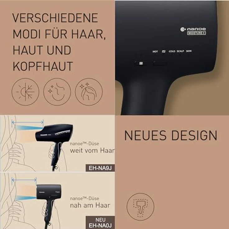Panasonic EH-NA0J-N825 nanoe™ MOISTURE+ & Mineral Haartrockner, Diffusor & Konzentratordüse, intelligente Sensoren, Heiß- & Kalt-Wechselmodus, Pflege für Haut, Kopfhaut & Haarspitzen, 1600 W, Schwarz – Bild 5