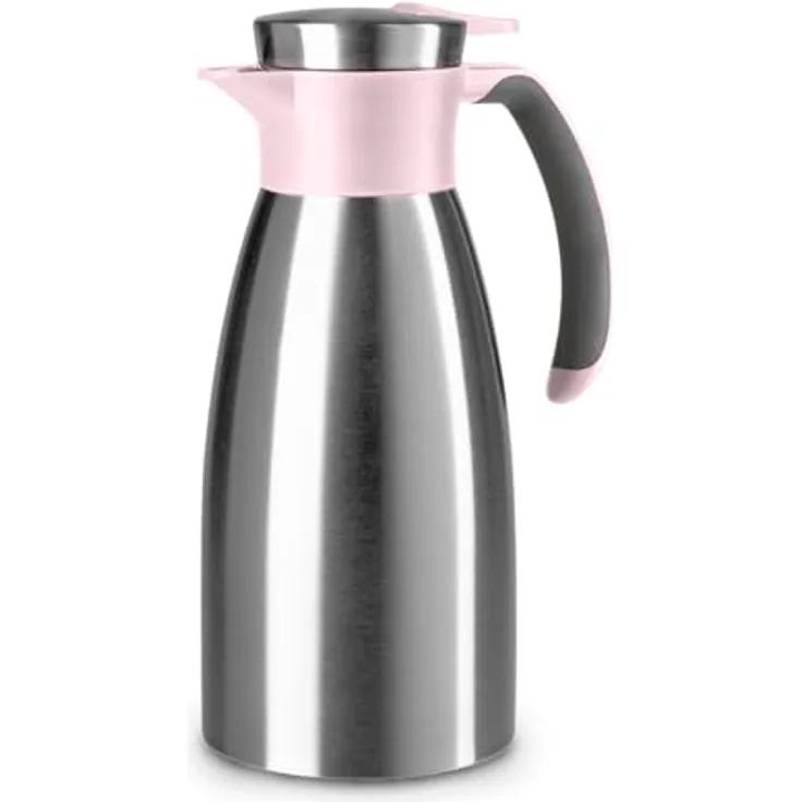 Emsa Soft Grip Isolierkanne, 1 Liter, Edelstahl, 12 Stunden heiß + 24 Stunden kalt, Auslaufsicher, Rutschfester Griff, Farbe Puderrosa, N4120300