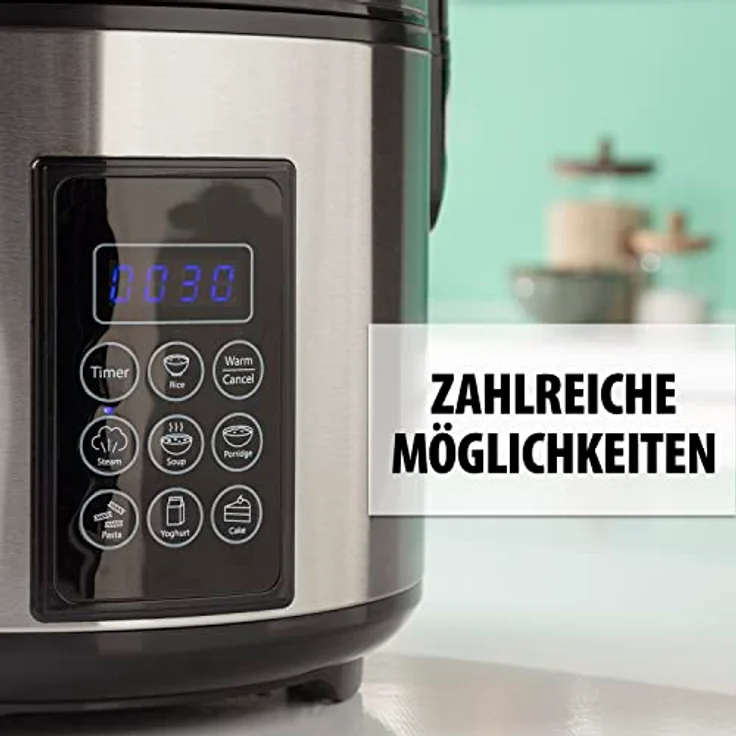Tristar RK-6138, Reiskocher 2,2 L, 900 W, LCD-Display, Edelstahl – Bild 6