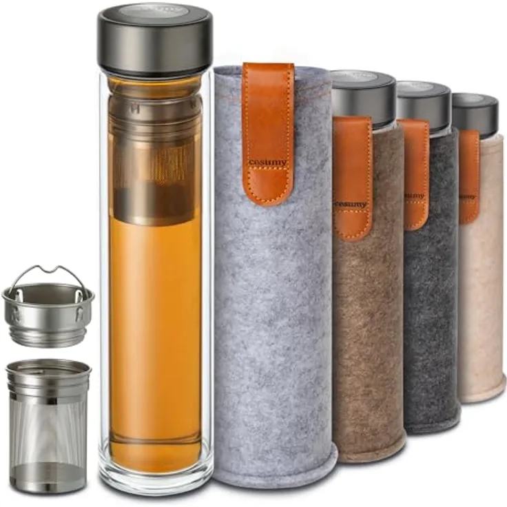 Teeflasche mit Sieb to Go 500ml - Doppelwandiges Glas mit Filztasche - Hitzebeständig - Auslaufsicher - Spülmaschinenfest - (Grau)