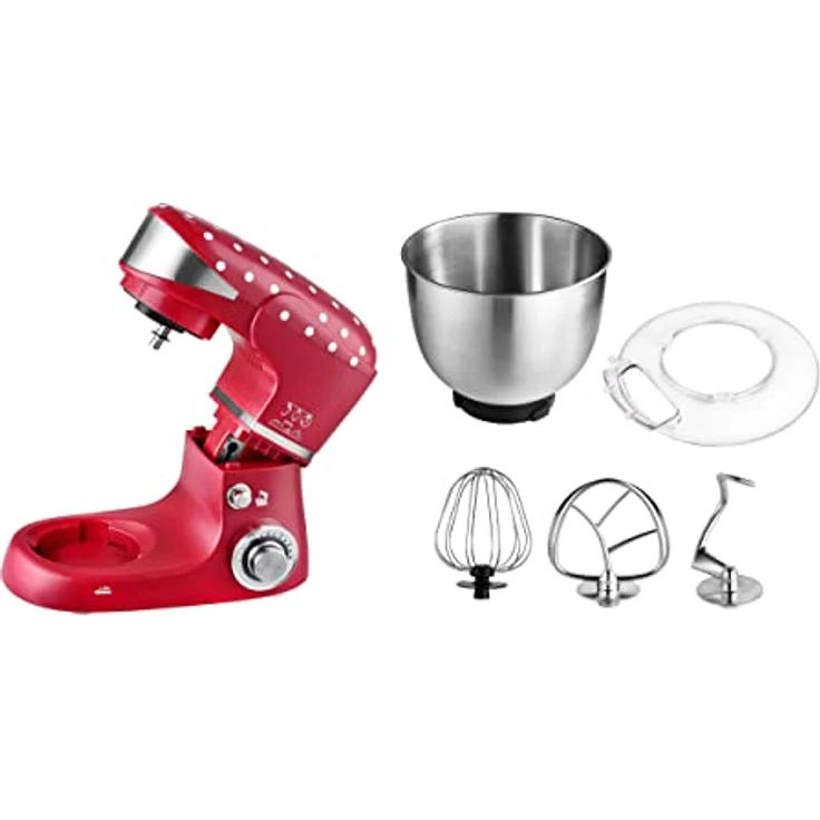 Team Kalorik TKG M 3014 Design-Küchenmaschine mit Edelstahl-Schneebesen, Druckgussrühr- und -knethaken | 6 Geschwindigkeiten, Kunststoff, 5 liters, Rot – Bild 4
