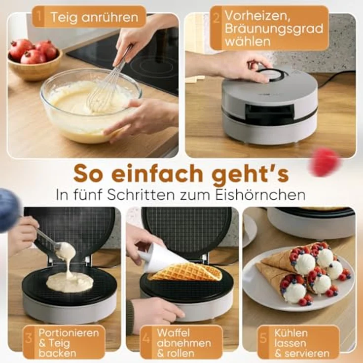 Clatronic HA 3833 Hörncheneisen, Eiswaffeleisen mit Antihaftbeschichtung, stufenlosem Bräunungsregler und Hörnchenkegel, 1200W, große Backfläche – Bild 3