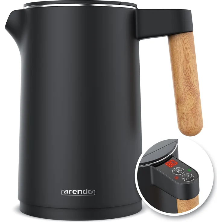 Arendo Wasserkocher Edelstahl, Doppelwand, Temperatureinstellung 40° - 100 °C mit Anzeige, 1,5 l, 2200 W, Warmhaltefunktion, 360° Basis, mit Holzgriff, BPA-frei, CoolTouch Design mit 7-stufiger Temperaturregelung