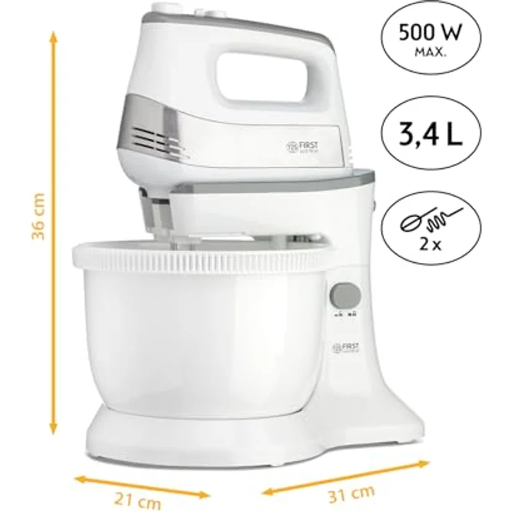TZS First Austria 2 in 1 Handmixer und Standmixer, 3,4L, 500W, Automatikantrieb, 5 Geschwindigkeiten, Turbofunktion, mit Knethaken + Rührbesen aus Edelstahl – Bild 2