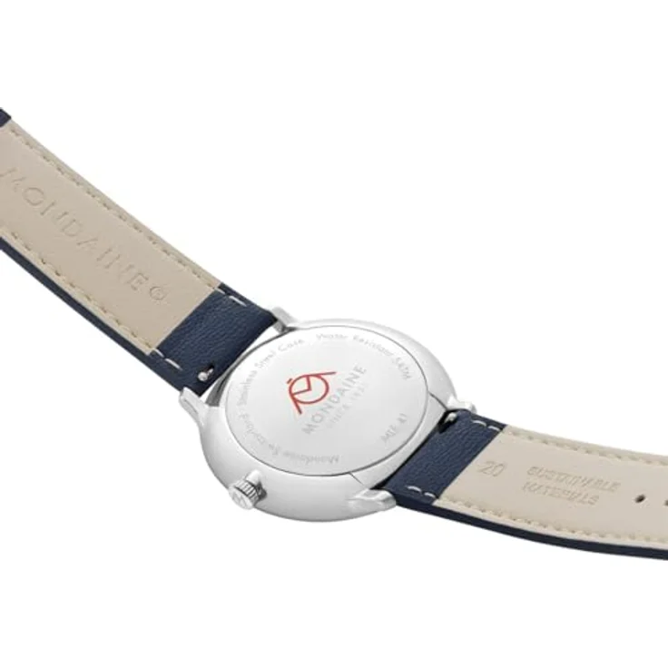 Mondaine Doppio Uhr 41mm Set, Blaues Zifferblatt, Doppelt Gewölbtes Saphirglas, Schweizer Quarzwerk, Wahres Apfellederarmband, Recycelter Edelstahl – Swiss Made – Bild 5