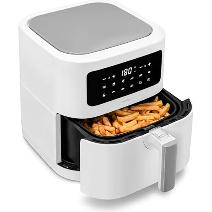 MEDION E40 XL Heißluftfritteuse (5,2 Liter Frittierkorb, 2.150 Watt, 9 Automatikprogramme, Backfunktion, ölfreies Frittieren, Touch Bedienfeld, LED Anzeige) weiß – Bild 1