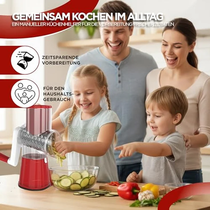 BI International Gemüseschneider mit Kurbel, Trommelreibe mit 3 Edelstahl-Klingen, starke Saugfuß-Technologie – Bild 7