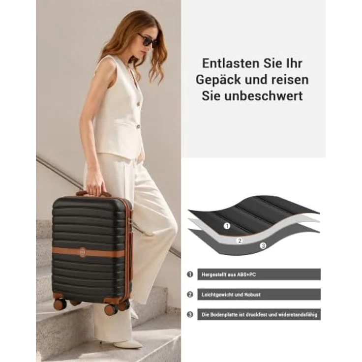 KONO Handgepäck Koffer 55x40x20cm, Leichter Trolley mit kratzfester ABS+PC-Hartschale, Schwarz – Bild 3