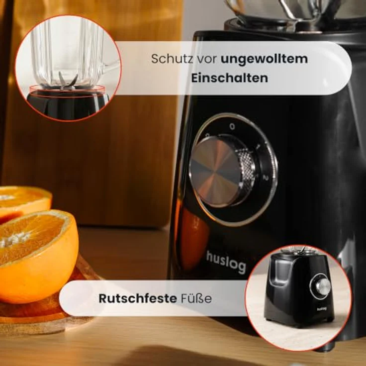 Huslog Standmixer Bechermixer 1200W, 1500 ml Behälter, Pulsfunktion, Edelstahl-Kreuzklingen, Schwarz – Bild 6