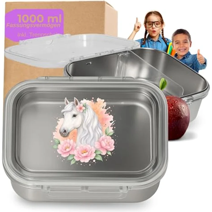 elasto Edelstahl Brotdose Kinder 1000 ml, Lunchbox 'Storage' mit Trennwand und Pferdemotiv für Schule und Kindergarten – Bild 1