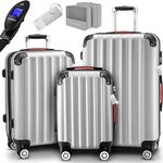 MONZANA® 3tlg. Kofferset Hartschalen Koffer M-L-XL Silber mit Organizer, Kofferwaage, Zwillingsrollen, Gel-Griffe und Standfüße