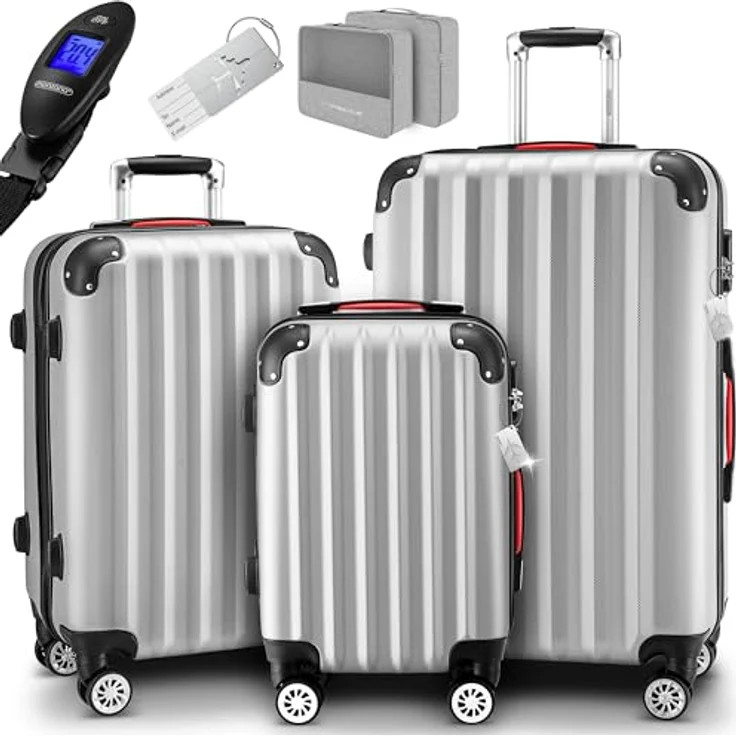 MONZANA® 3tlg. Kofferset Hartschalen Koffer M-L-XL Silber mit Organizer, Kofferwaage, Zwillingsrollen, Gel-Griffe und Standfüße – Bild 1