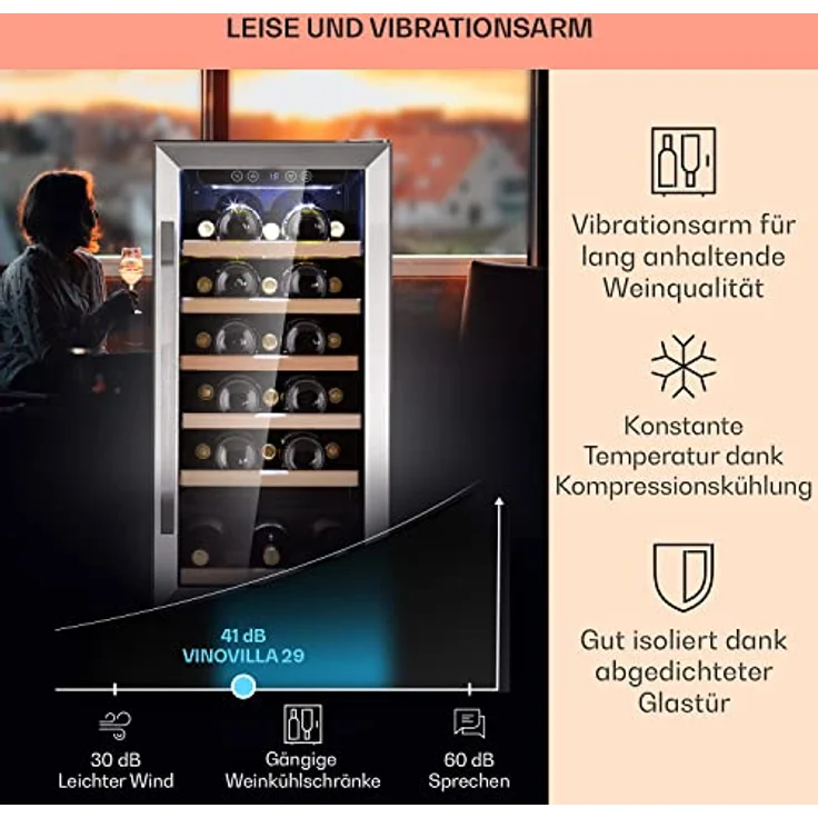 Klarstein Vinovilla 29 Weinkühlschrank, freistehend, edelstahl, 1 Temperaturzone, Glastür, Energieklasse G – Bild 5