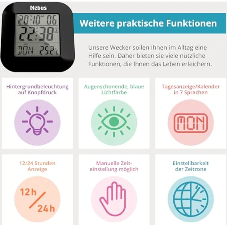 Mebus digitaler Funkwecker Modell 51510, mit Thermometer, Datumsanzeige und Snooze-Funktion, Schwarz, 8 x 8,5 x 1,8 cm – Bild 3