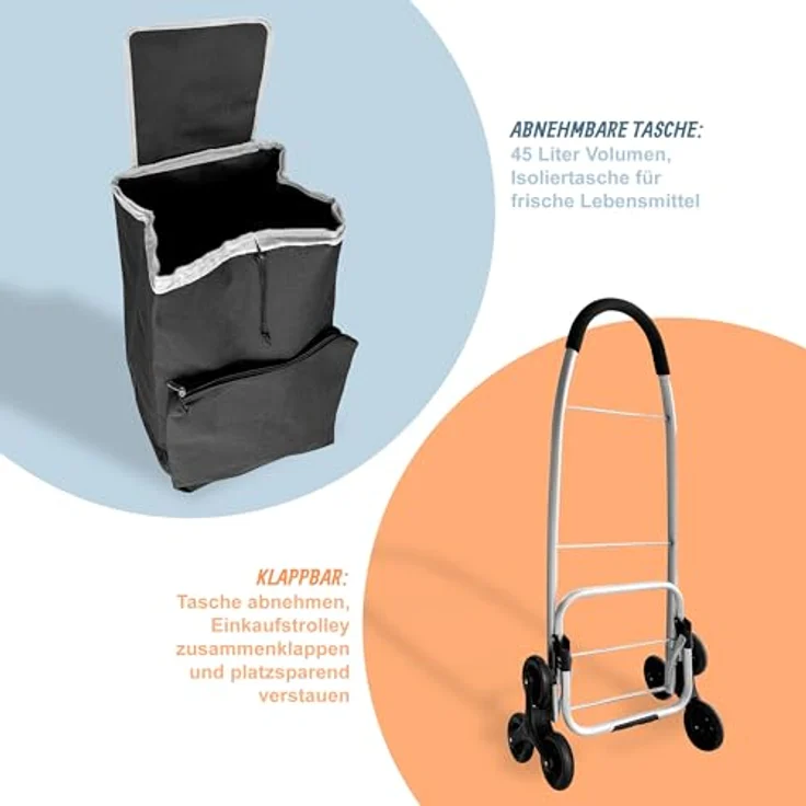 relaxdays Einkaufstrolley Treppensteiger 45 l, mit Kühlfach und hohen Traglast in schwarz – Bild 5
