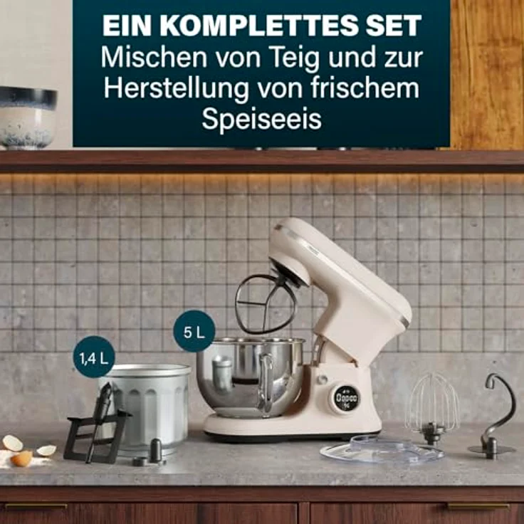 Princess Nordic Digital Küchenmaschine, 5-Liter-Edelstahlschüssel, 8 Geschwindigkeiten, Eismaschinenaufsatz, 1200 W, BPA-frei, rutschfeste Füße, spülmaschinenfest, beige – Bild 3